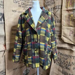 Retro 70s Style Plaid Blazer Womens M 3 Button Lined Hippie Boho Colorful Jacket